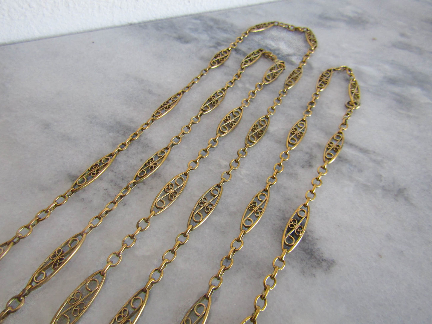 48" Antique French Gold Filled Filigree Long Guard Chain, Long Muff Chain c. 1900