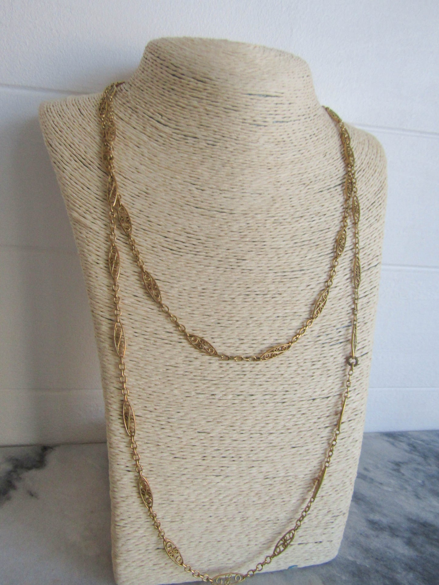 48" Antique French Gold Filled Filigree Long Guard Chain, Long Muff Chain c. 1900