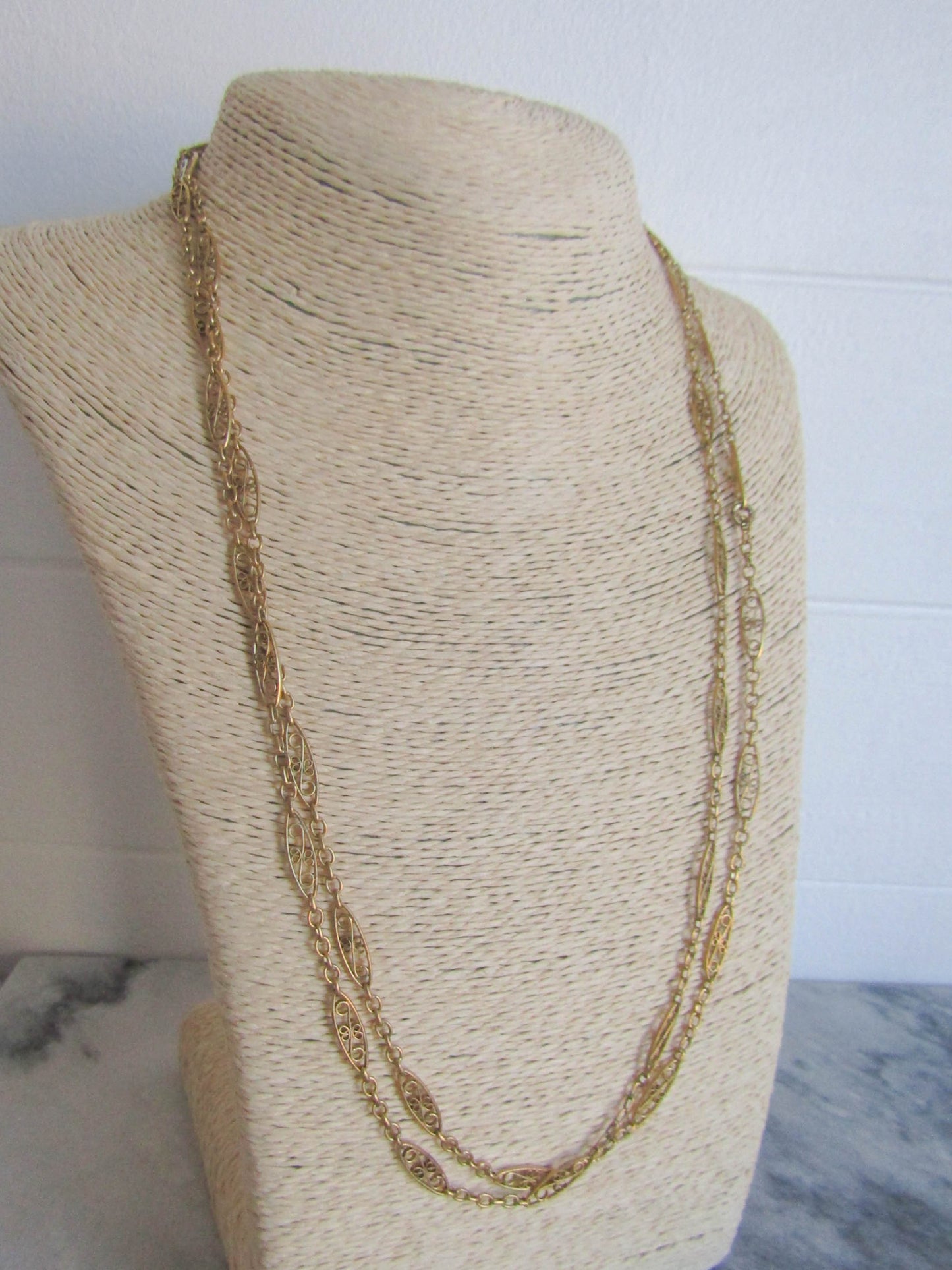 48" Antique French Gold Filled Filigree Long Guard Chain, Long Muff Chain c. 1900