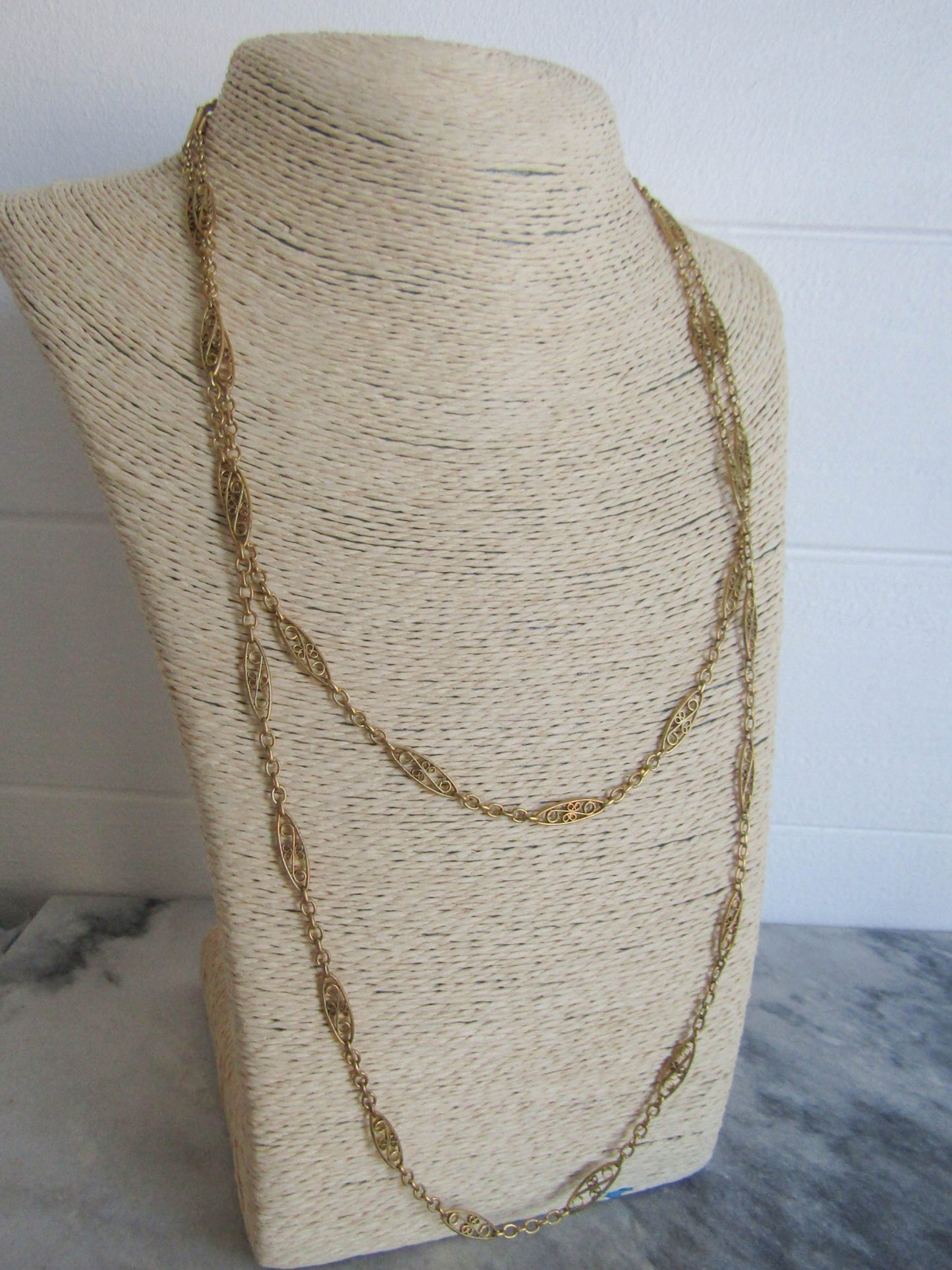 48" Antique French Gold Filled Filigree Long Guard Chain, Long Muff Chain c. 1900