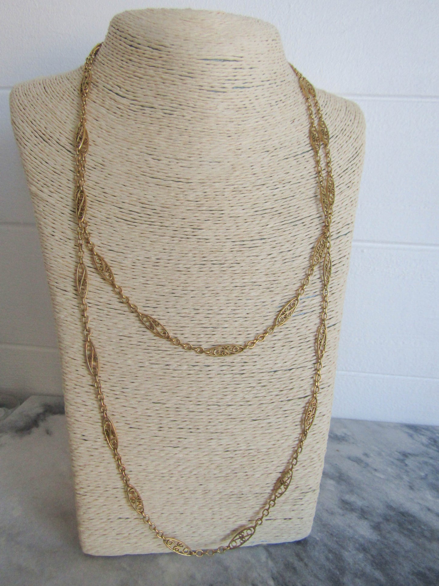 48" Antique French Gold Filled Filigree Long Guard Chain, Long Muff Chain c. 1900