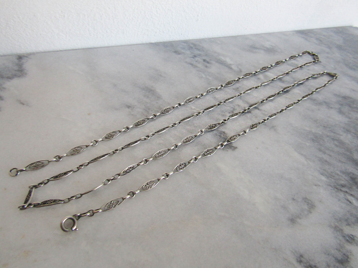 40" Antique Silver Filigree Heart Half Guard Chain, French Art Nouveau Necklace