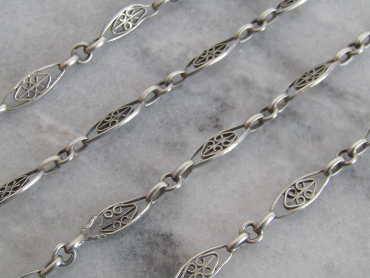 40" Antique Silver Filigree Heart Half Guard Chain, French Art Nouveau Necklace