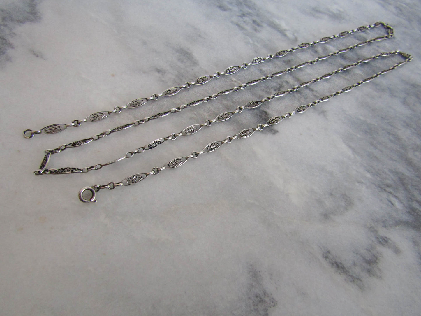 40" Antique Silver Filigree Heart Half Guard Chain, French Art Nouveau Necklace