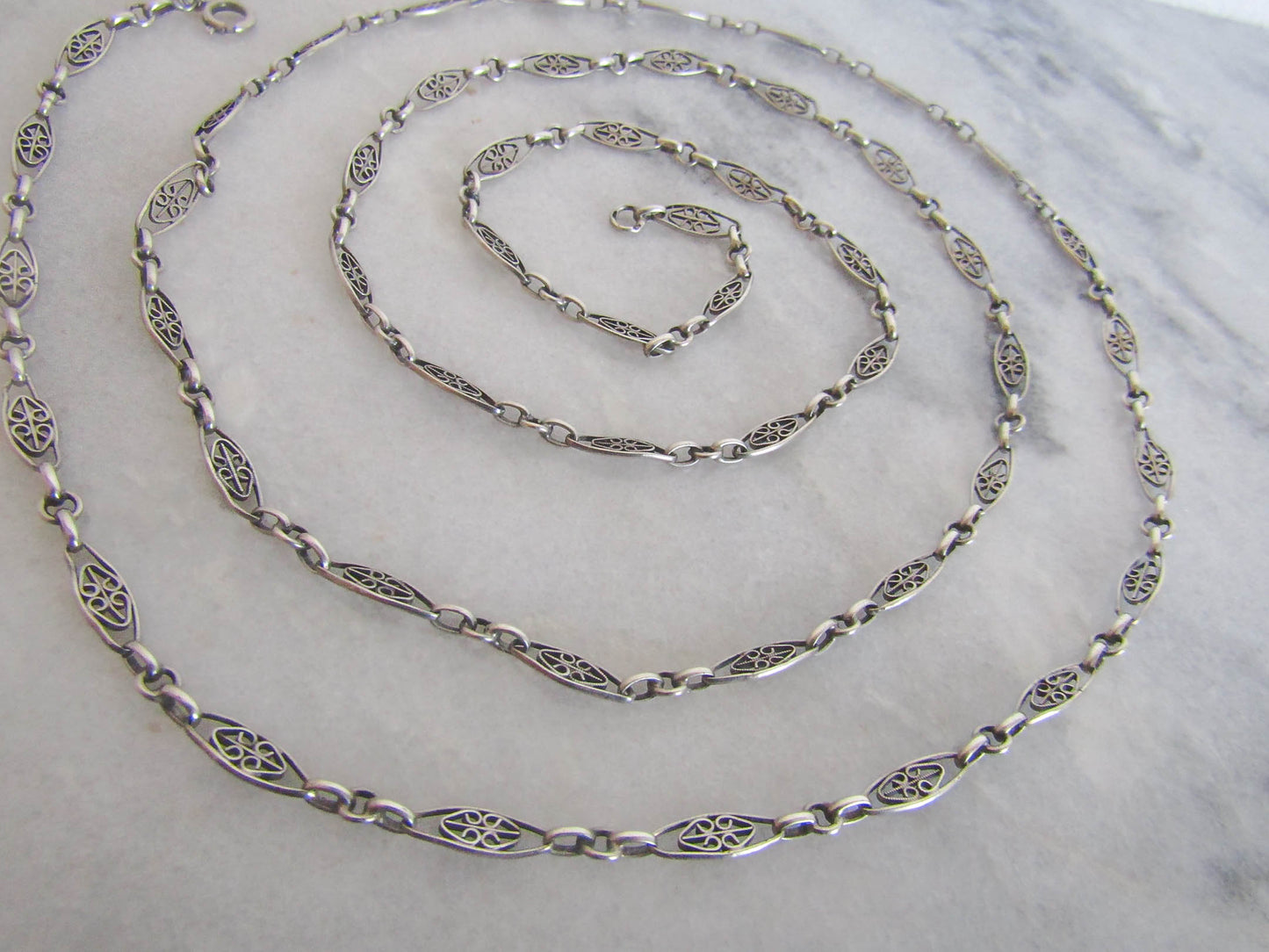 40" Antique Silver Filigree Heart Half Guard Chain, French Art Nouveau Necklace