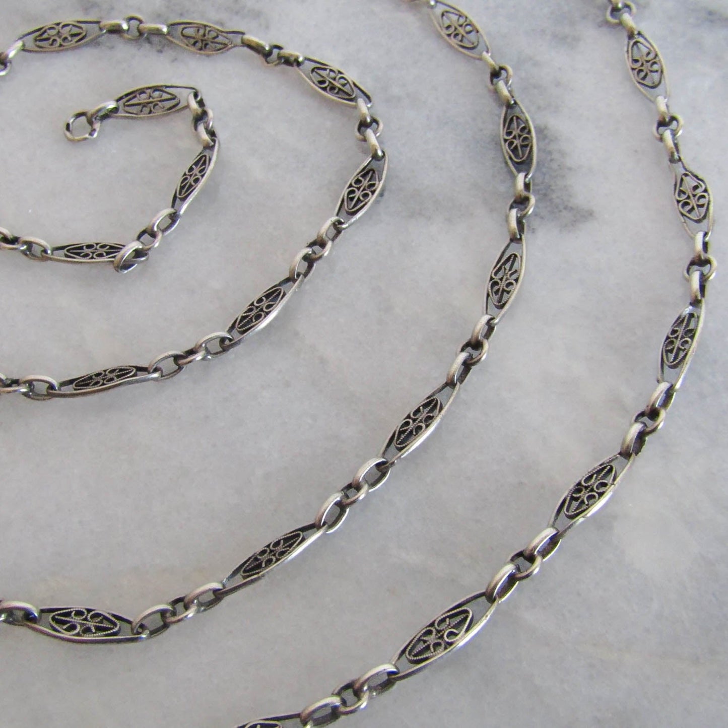 40" Antique Silver Filigree Heart Half Guard Chain, French Art Nouveau Necklace