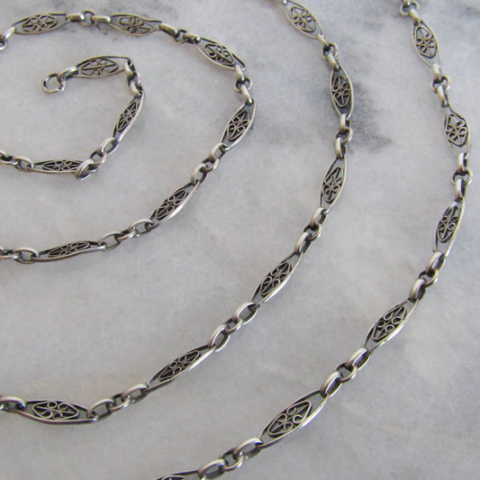 40" Antique Silver Filigree Heart Half Guard Chain, French Art Nouveau Necklace