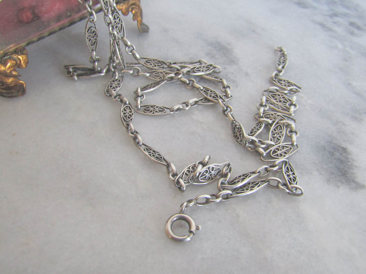 40" Antique Silver Filigree Heart Half Guard Chain, French Art Nouveau Necklace