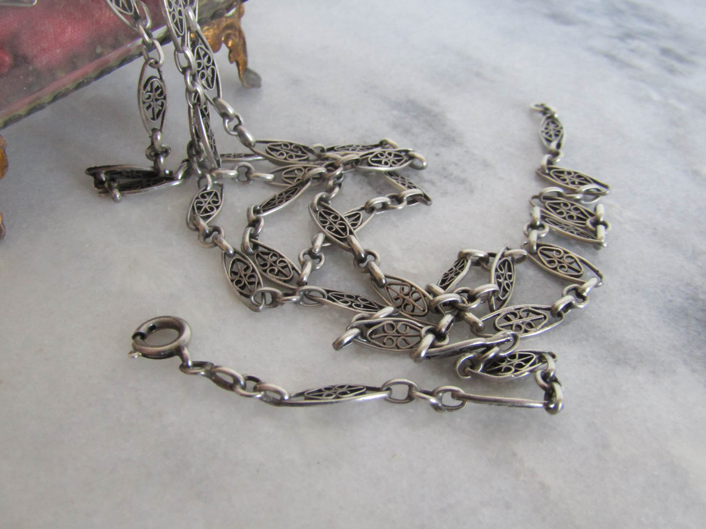 40" Antique Silver Filigree Heart Half Guard Chain, French Art Nouveau Necklace