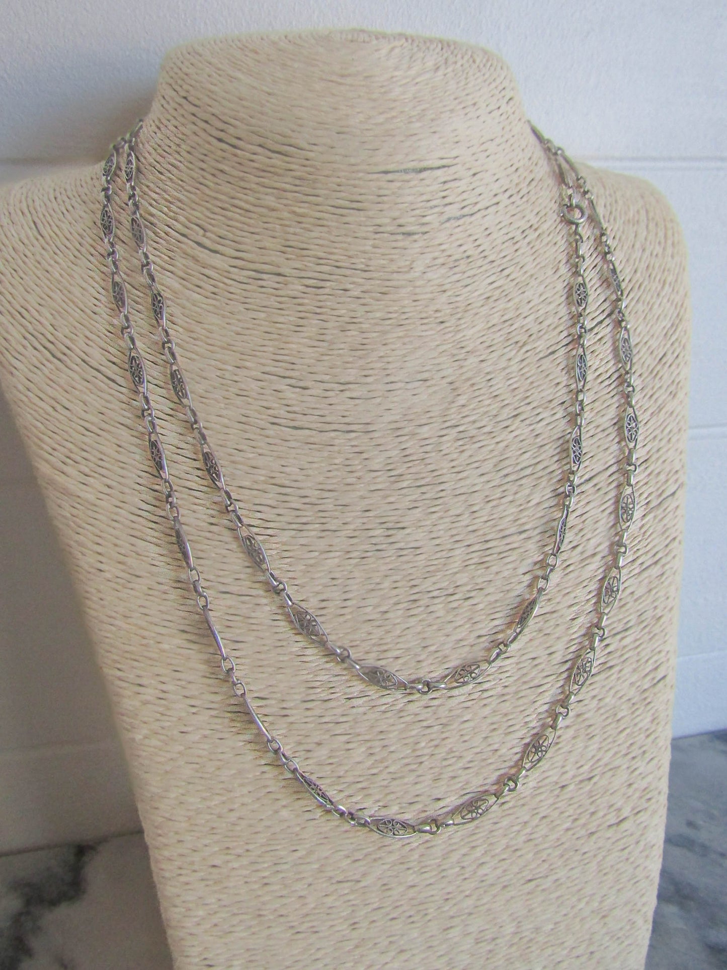 40" Antique Silver Filigree Heart Half Guard Chain, French Art Nouveau Necklace