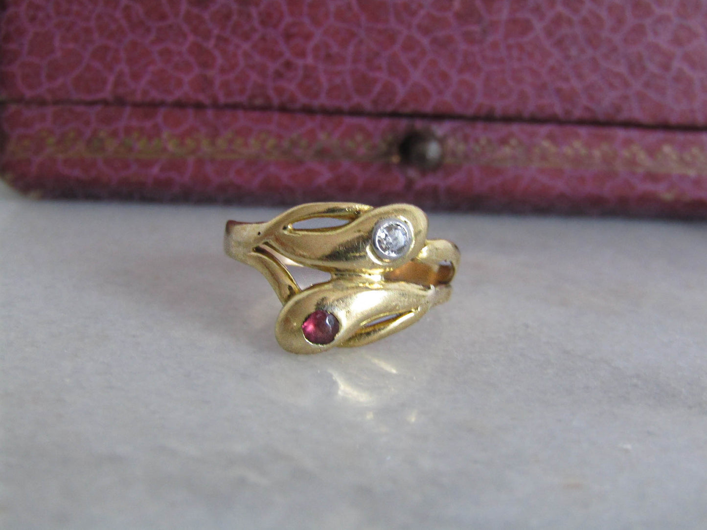 Antique 18K Gold Snake Ring with Diamond, Victorian French Serpent Engagement Ring c. 1900