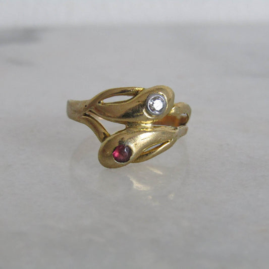 Antique 18K Gold Snake Ring with Diamond, Victorian French Serpent Engagement Ring c. 1900