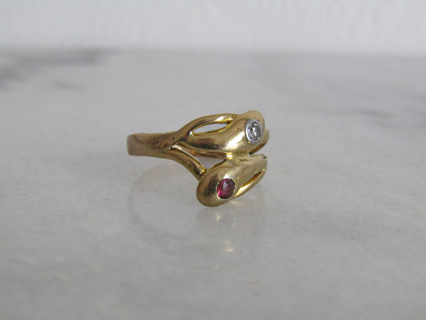 Antique 18K Gold Snake Ring with Diamond, Victorian French Serpent Engagement Ring c. 1900