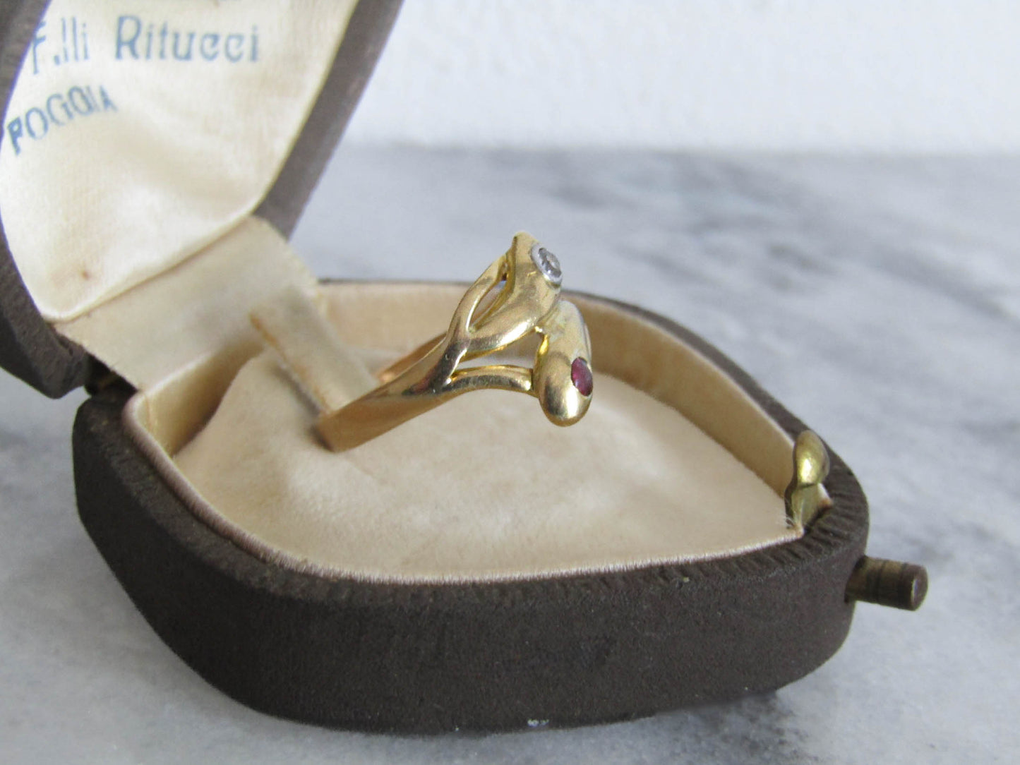 Antique 18K Gold Snake Ring with Diamond, Victorian French Serpent Engagement Ring c. 1900