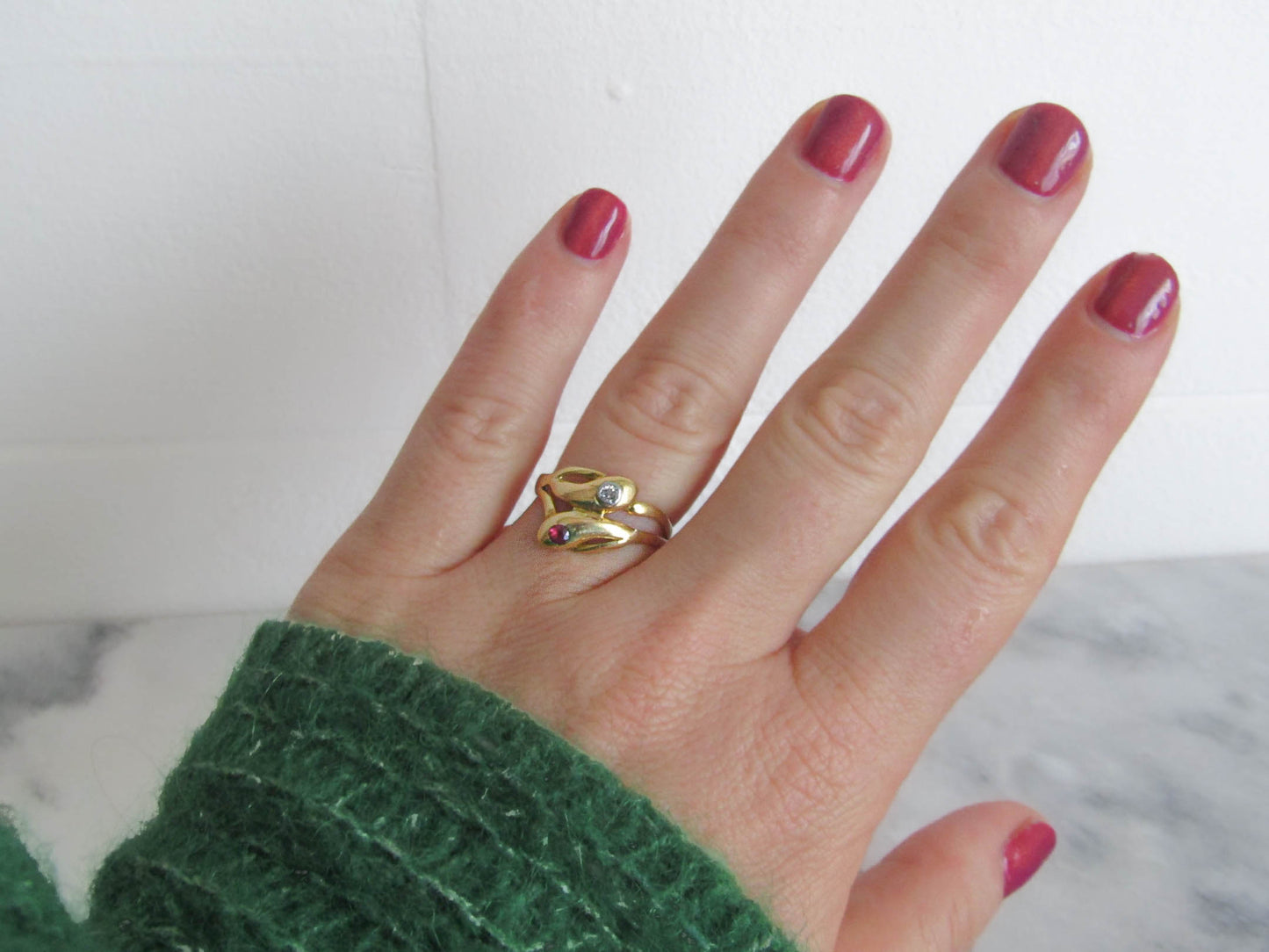 Antique 18K Gold Snake Ring with Diamond, Victorian French Serpent Engagement Ring c. 1900