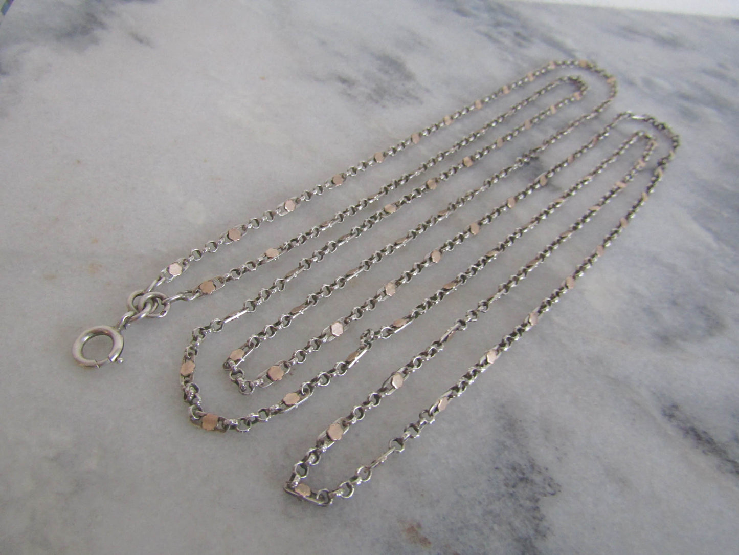 Antique Silver and Rose Gold Filled Long Guard Fancy Chain, Antique French 1800s Muff Chain