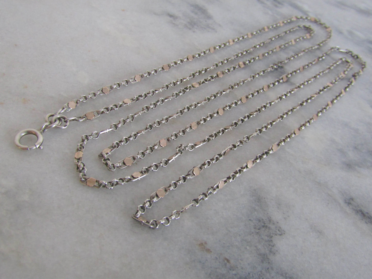 Antique Silver and Rose Gold Filled Long Guard Fancy Chain, Antique French 1800s Muff Chain