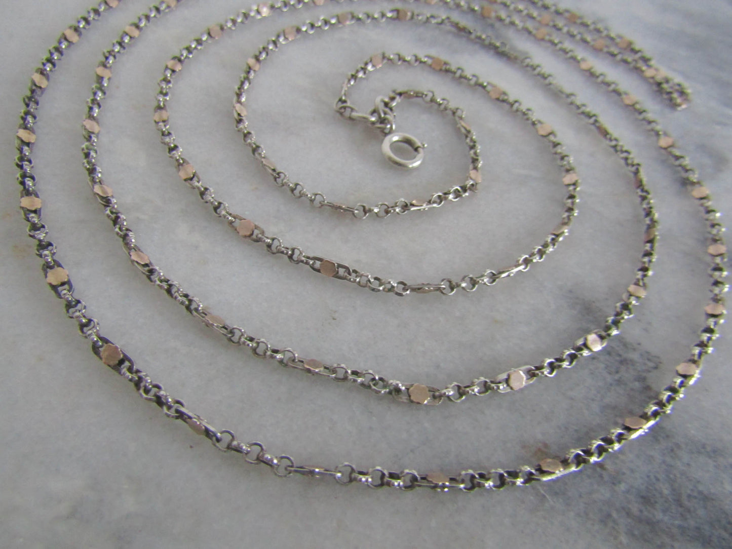 Antique Silver and Rose Gold Filled Long Guard Fancy Chain, Antique French 1800s Muff Chain