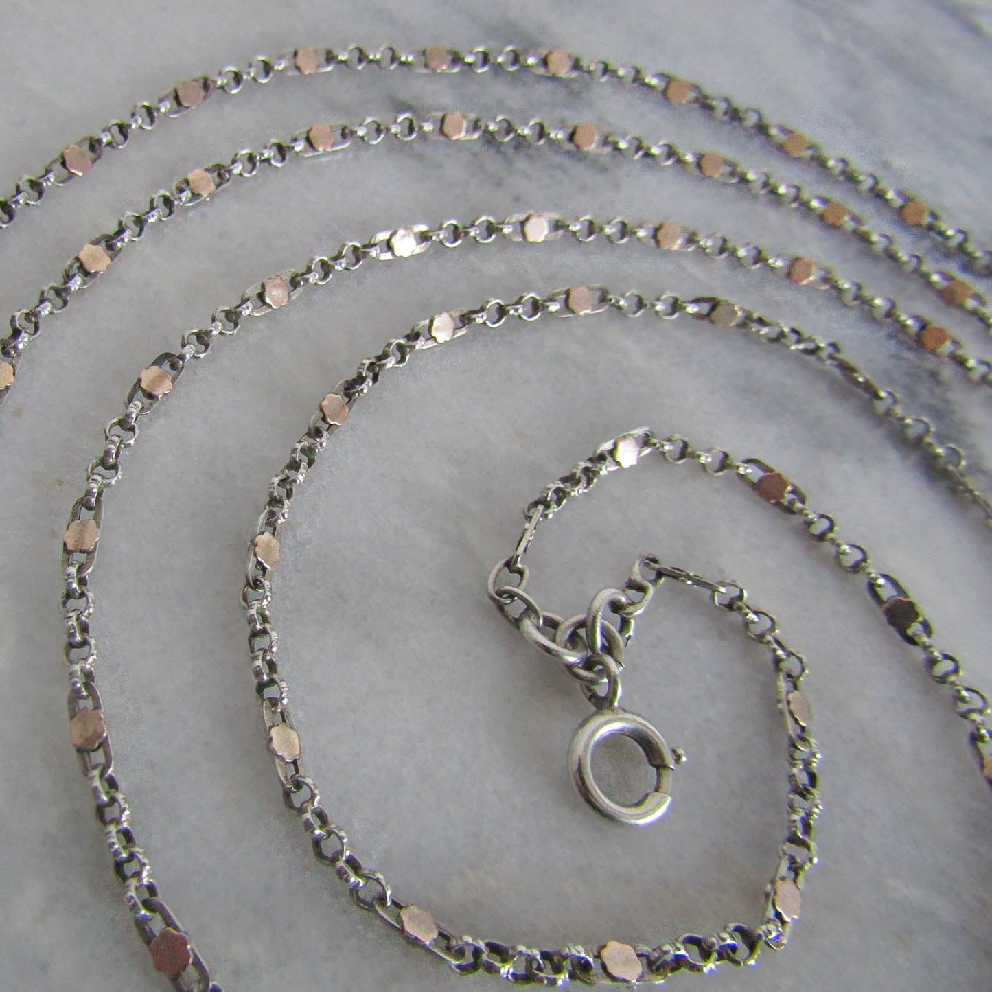 Antique Silver and Rose Gold Filled Long Guard Fancy Chain, Antique French 1800s Muff Chain