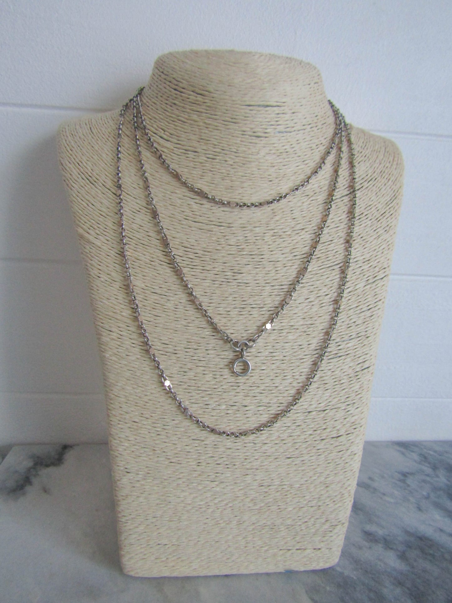 Antique Silver and Rose Gold Filled Long Guard Fancy Chain, Antique French 1800s Muff Chain