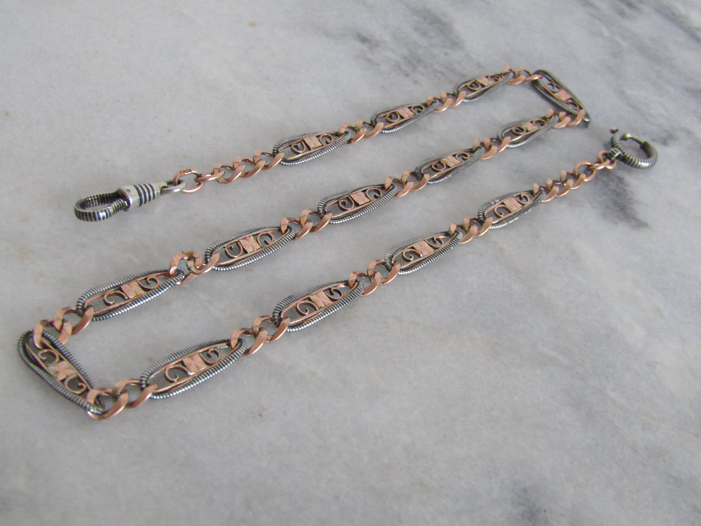 Antique Victorian Niello Chain with Rose Gold Vermeil, XIX Century French Watch Chain Choker Necklace