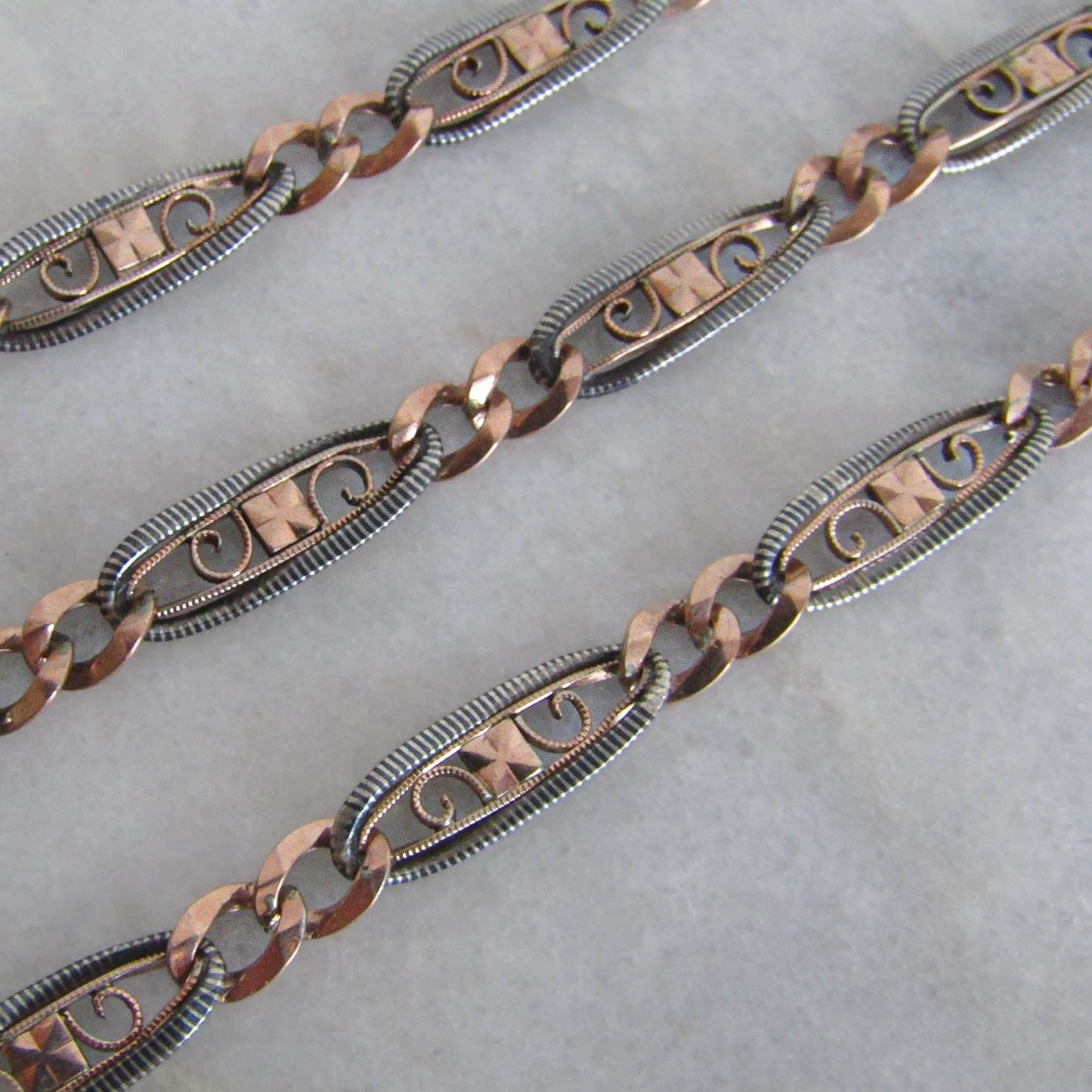 Antique Victorian Niello Chain with Rose Gold Vermeil, XIX Century French Watch Chain Choker Necklace