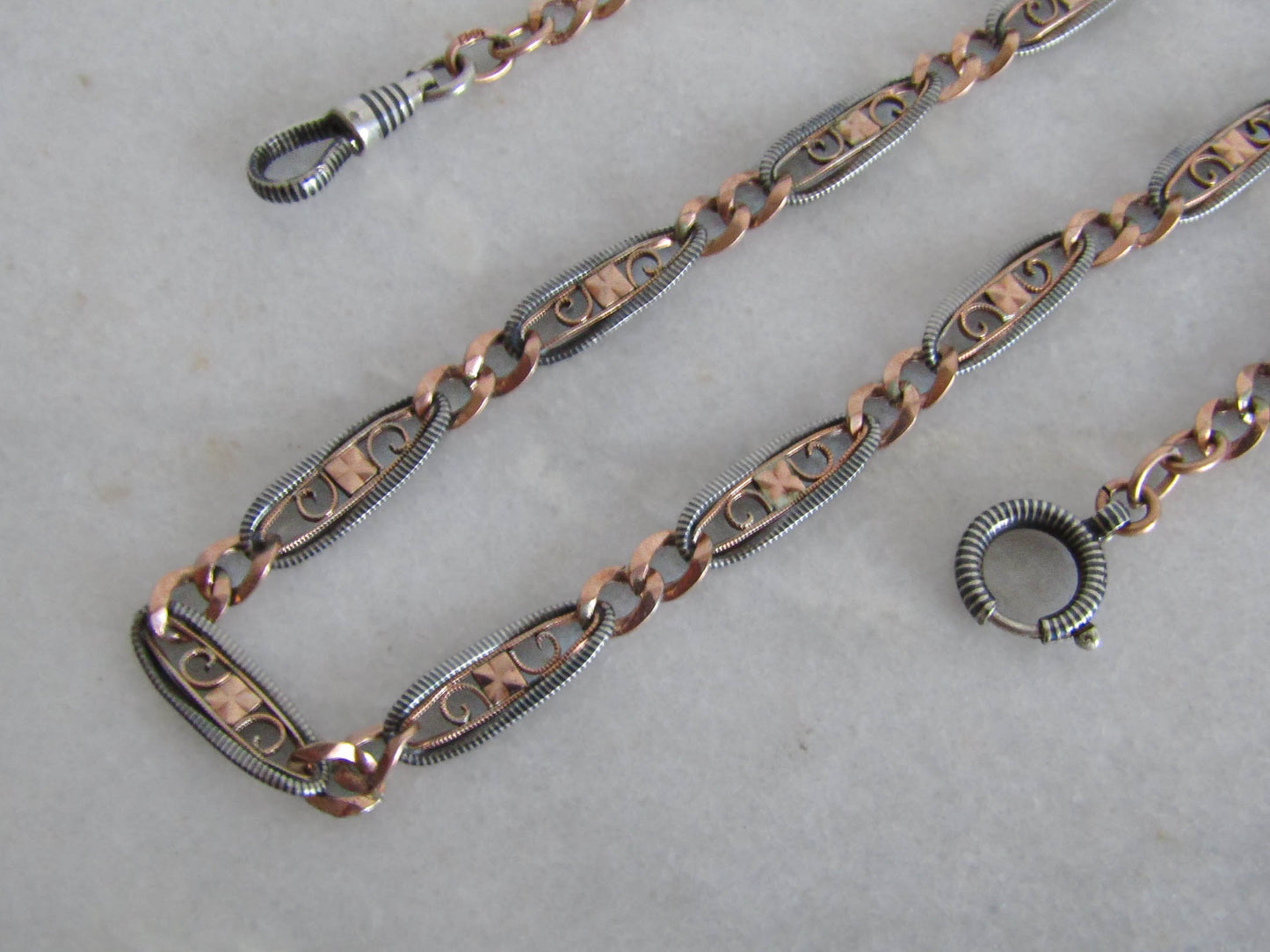 Antique Victorian Niello Chain with Rose Gold Vermeil, XIX Century French Watch Chain Choker Necklace