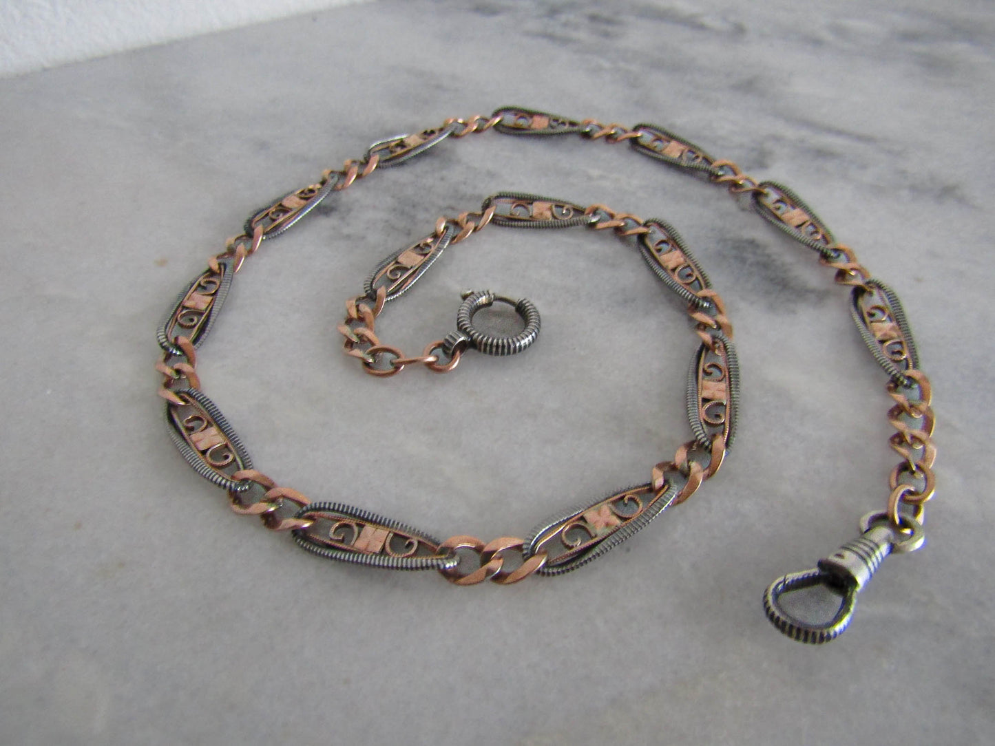 Antique Victorian Niello Chain with Rose Gold Vermeil, XIX Century French Watch Chain Choker Necklace