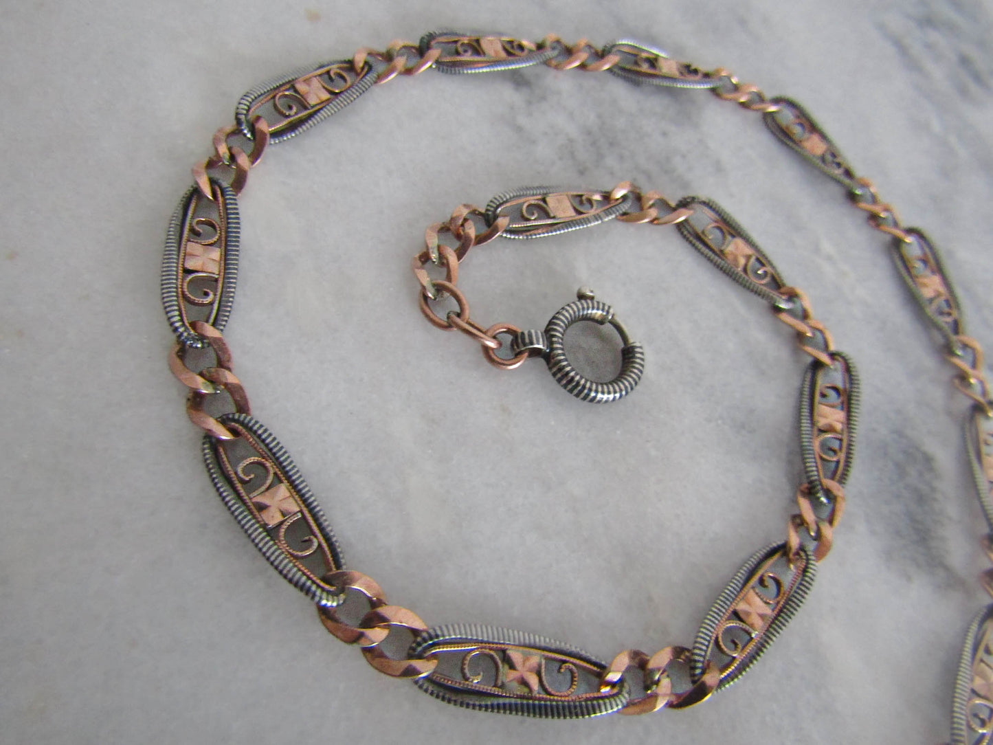 Antique Victorian Niello Chain with Rose Gold Vermeil, XIX Century French Watch Chain Choker Necklace