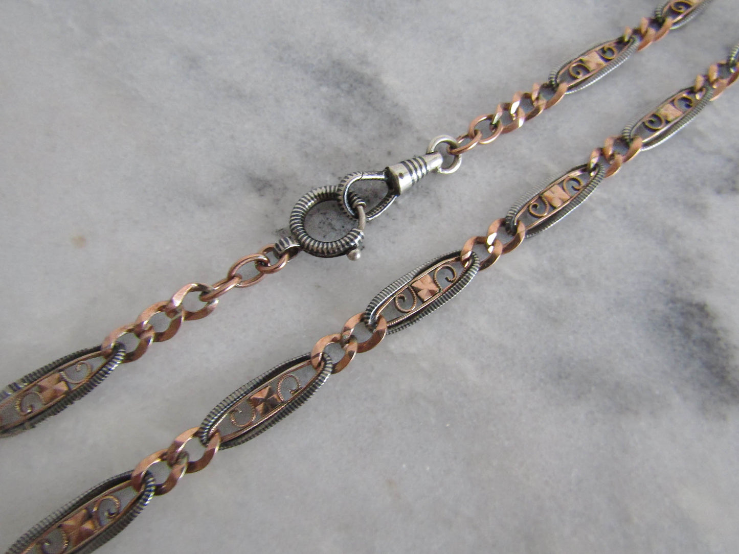 Antique Victorian Niello Chain with Rose Gold Vermeil, XIX Century French Watch Chain Choker Necklace