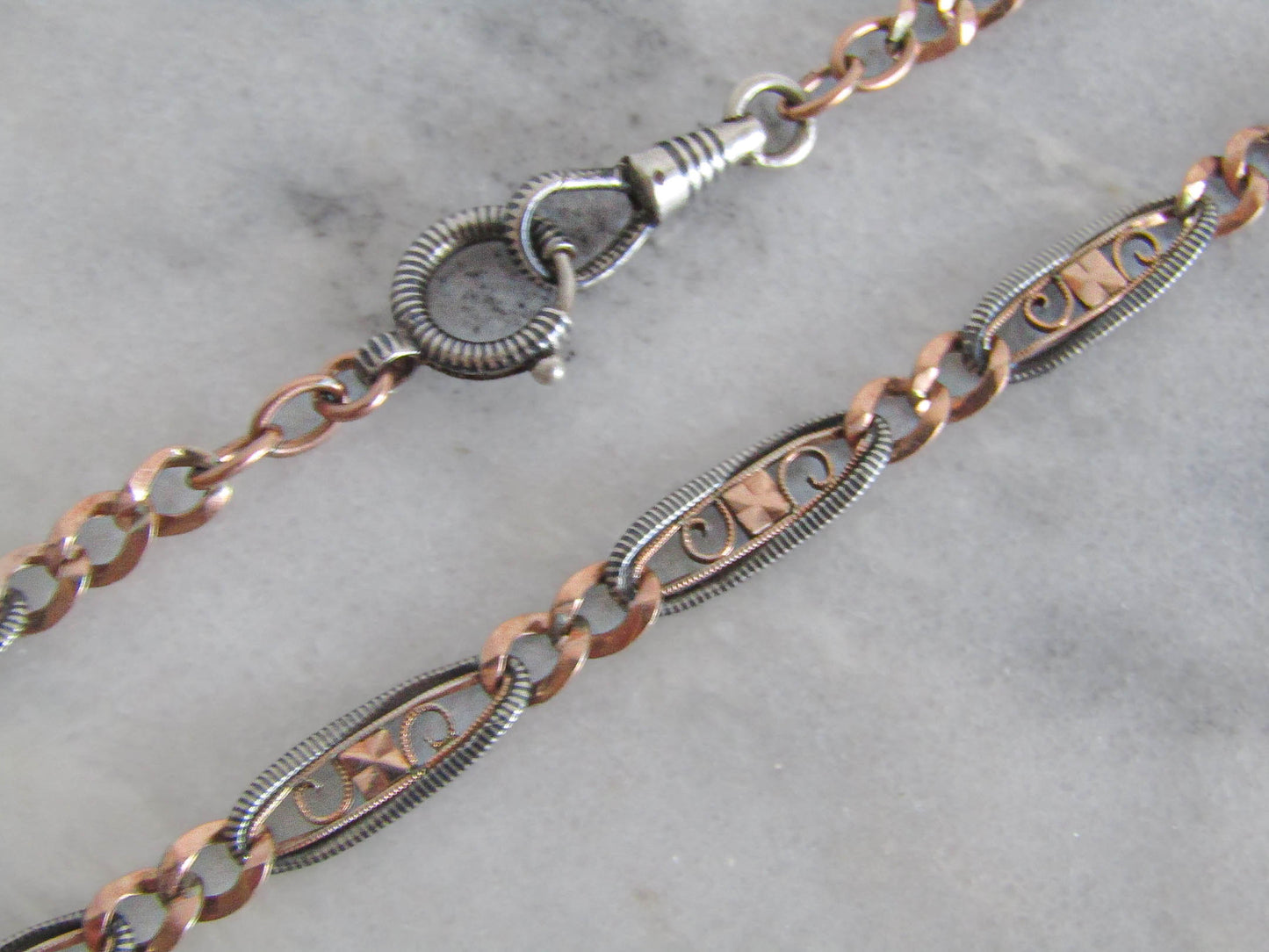 Antique Victorian Niello Chain with Rose Gold Vermeil, XIX Century French Watch Chain Choker Necklace