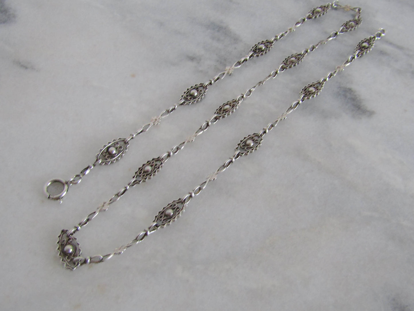 Antique French Silver Filigree Necklace with Flowers