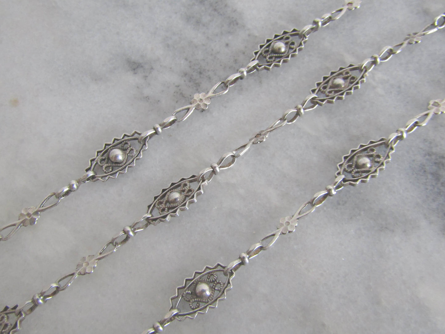 Antique French Silver Filigree Necklace with Flowers