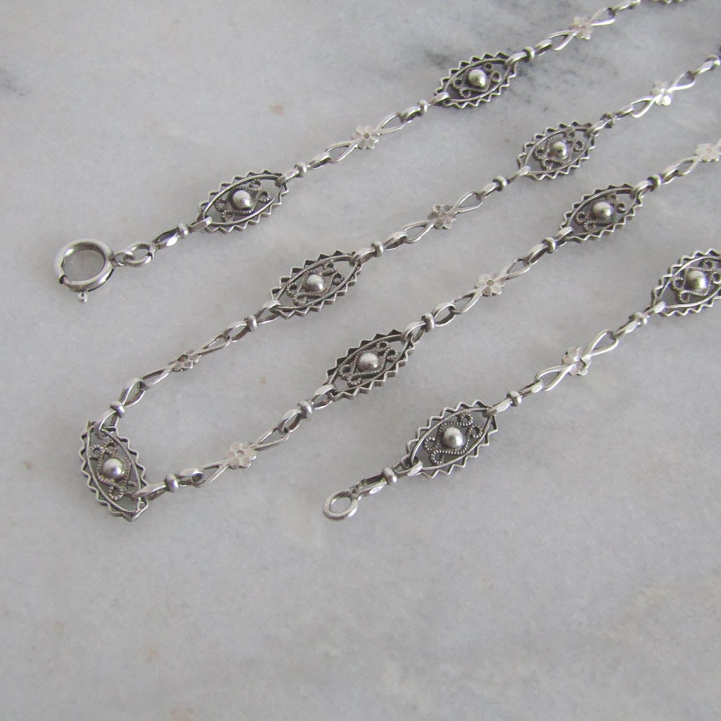 Antique French Silver Filigree Necklace with Flowers