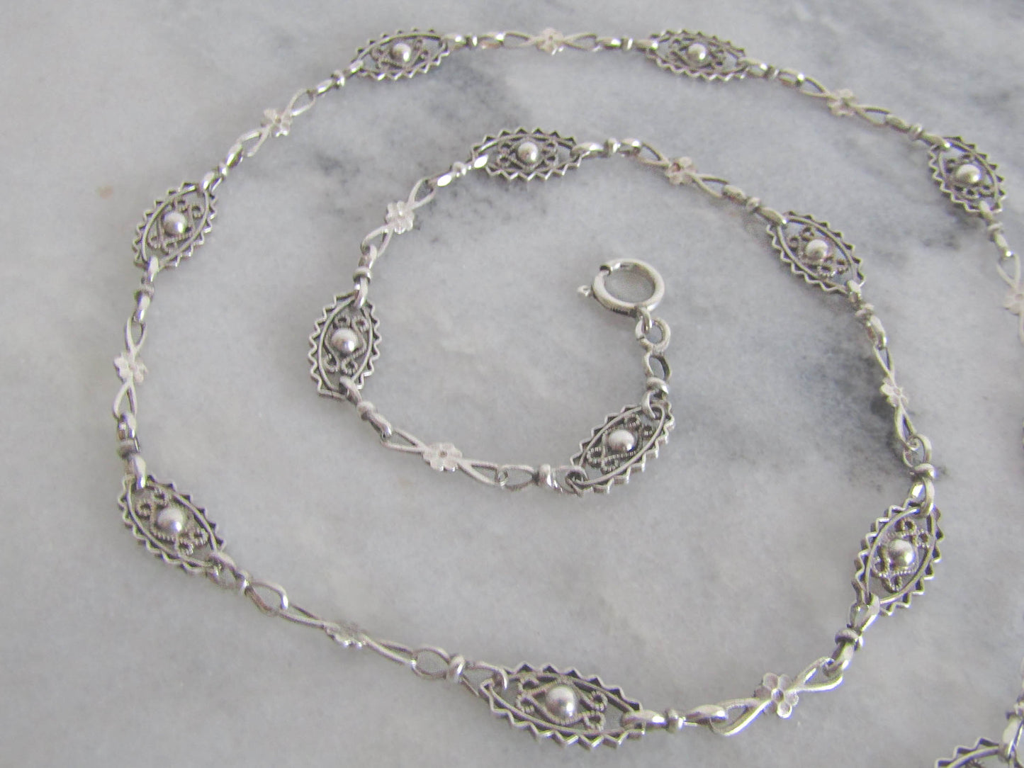 Antique French Silver Filigree Necklace with Flowers