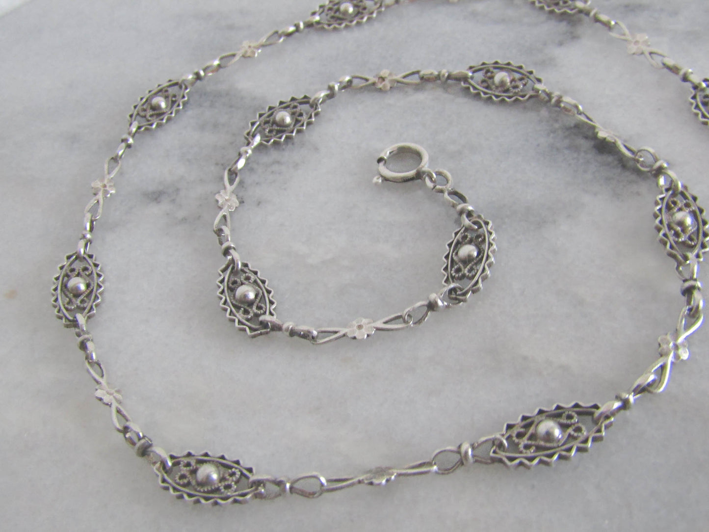 Antique French Silver Filigree Necklace with Flowers