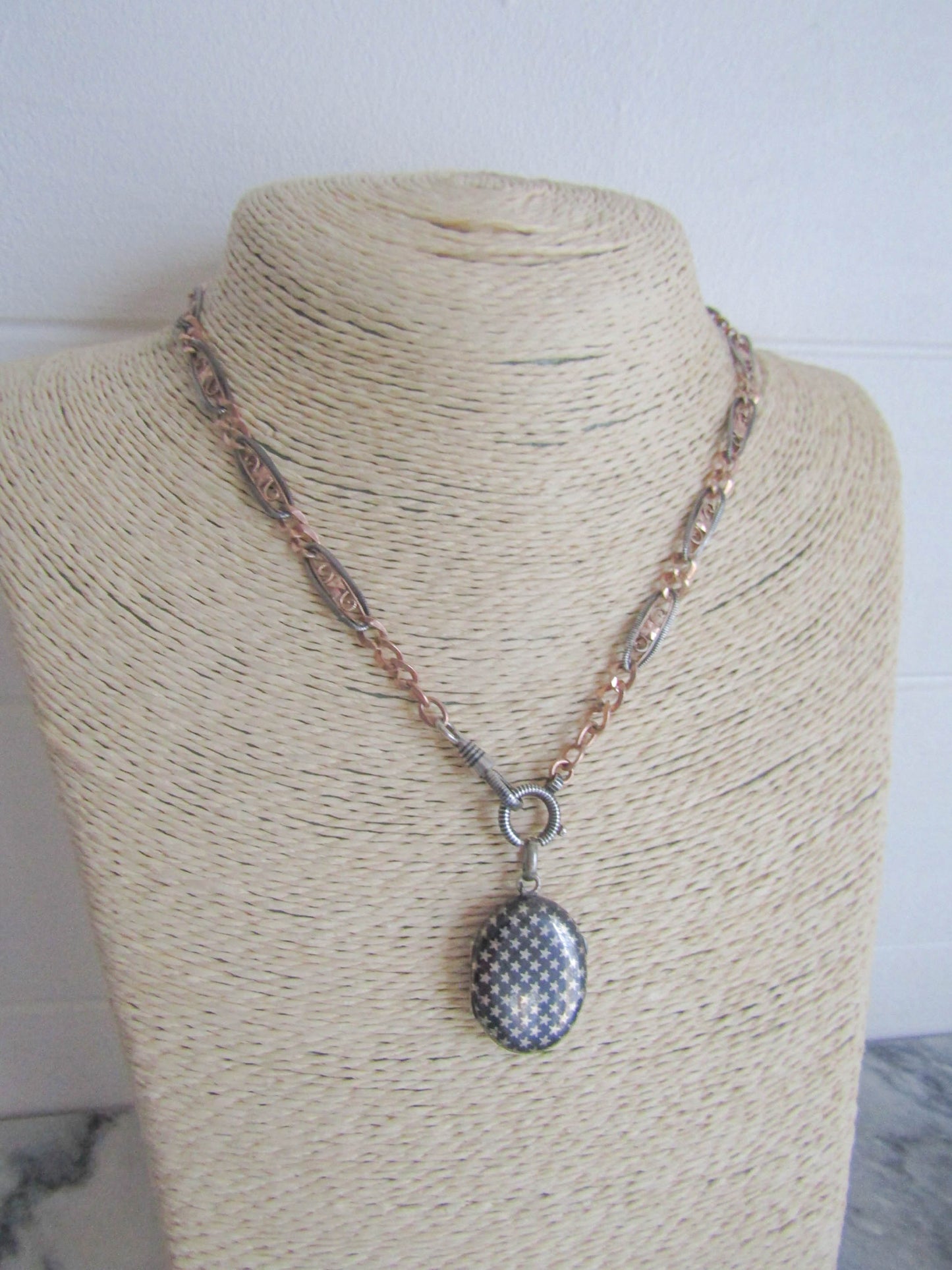 Antique Victorian Niello Chain with Rose Gold Vermeil, XIX Century French Watch Chain Choker Necklace