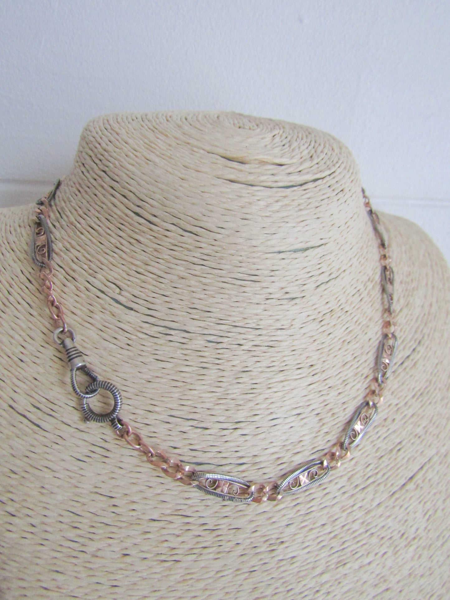 Antique Victorian Niello Chain with Rose Gold Vermeil, XIX Century French Watch Chain Choker Necklace