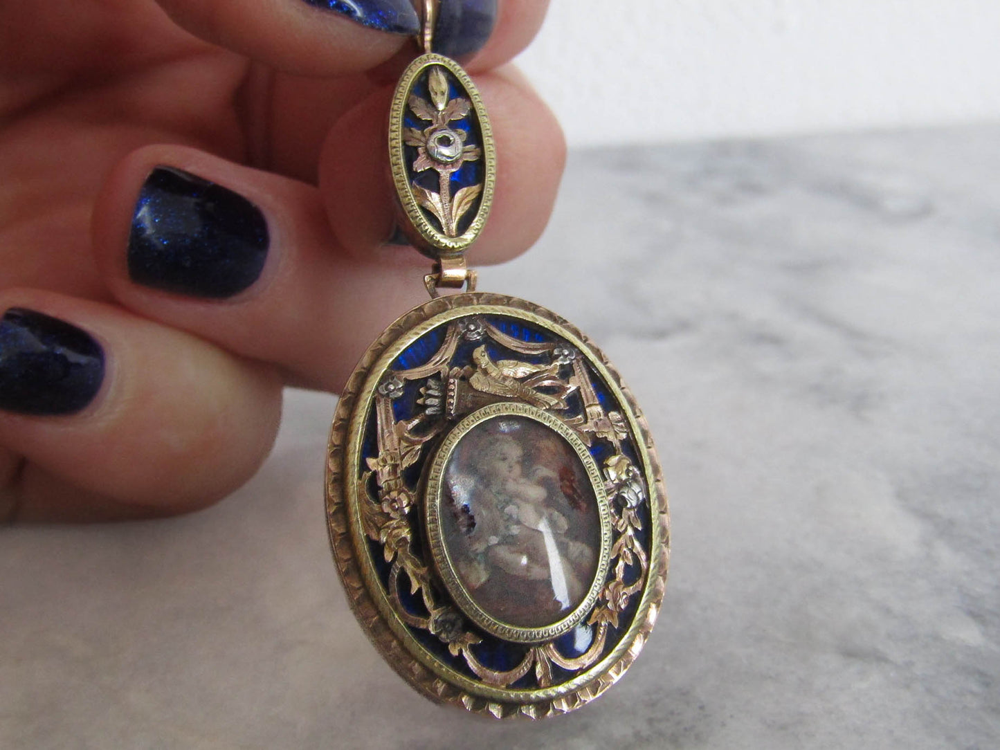 Antique 18K Gold Portrait Pendant with Cobalt Blue Enamel and tricolor gold, XIX Century French Gold Earring Conversion Pendant