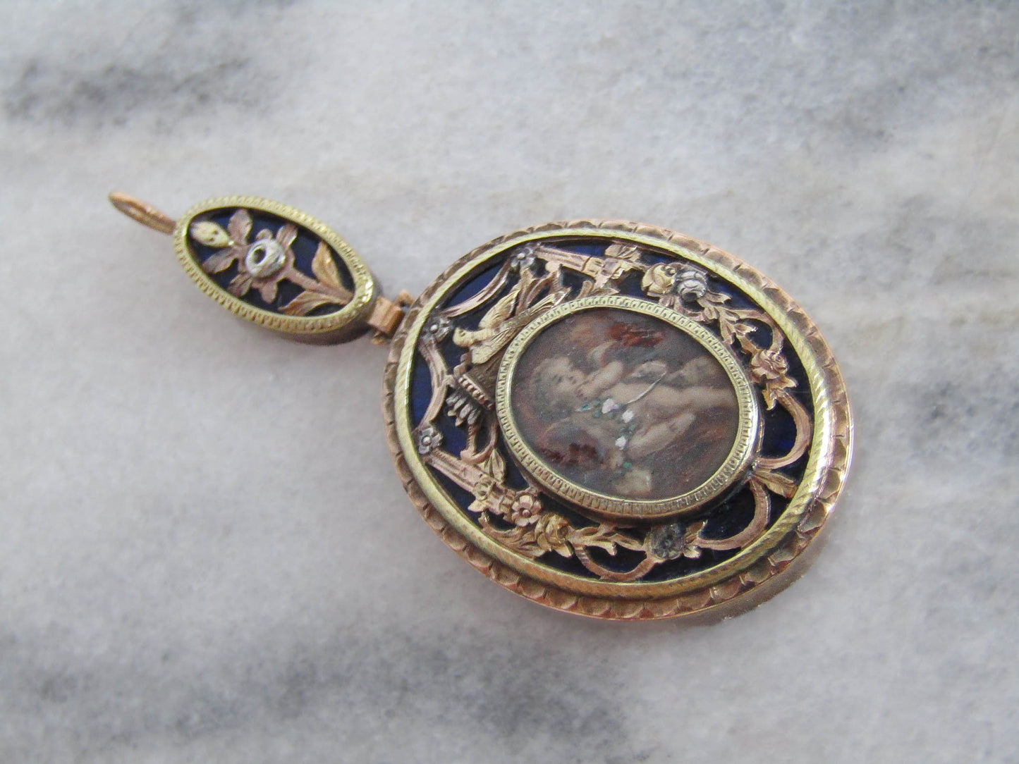 Antique 18K Gold Portrait Pendant with Cobalt Blue Enamel and tricolor gold, XIX Century French Gold Earring Conversion Pendant