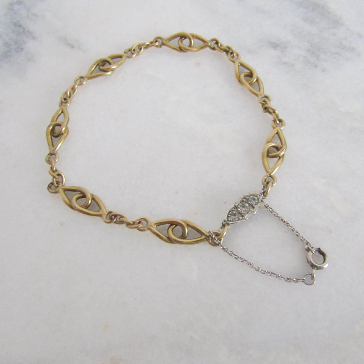 Antique Gold Filled Art Deco Bracelet with Security Chain and Paste Stones c. 1910