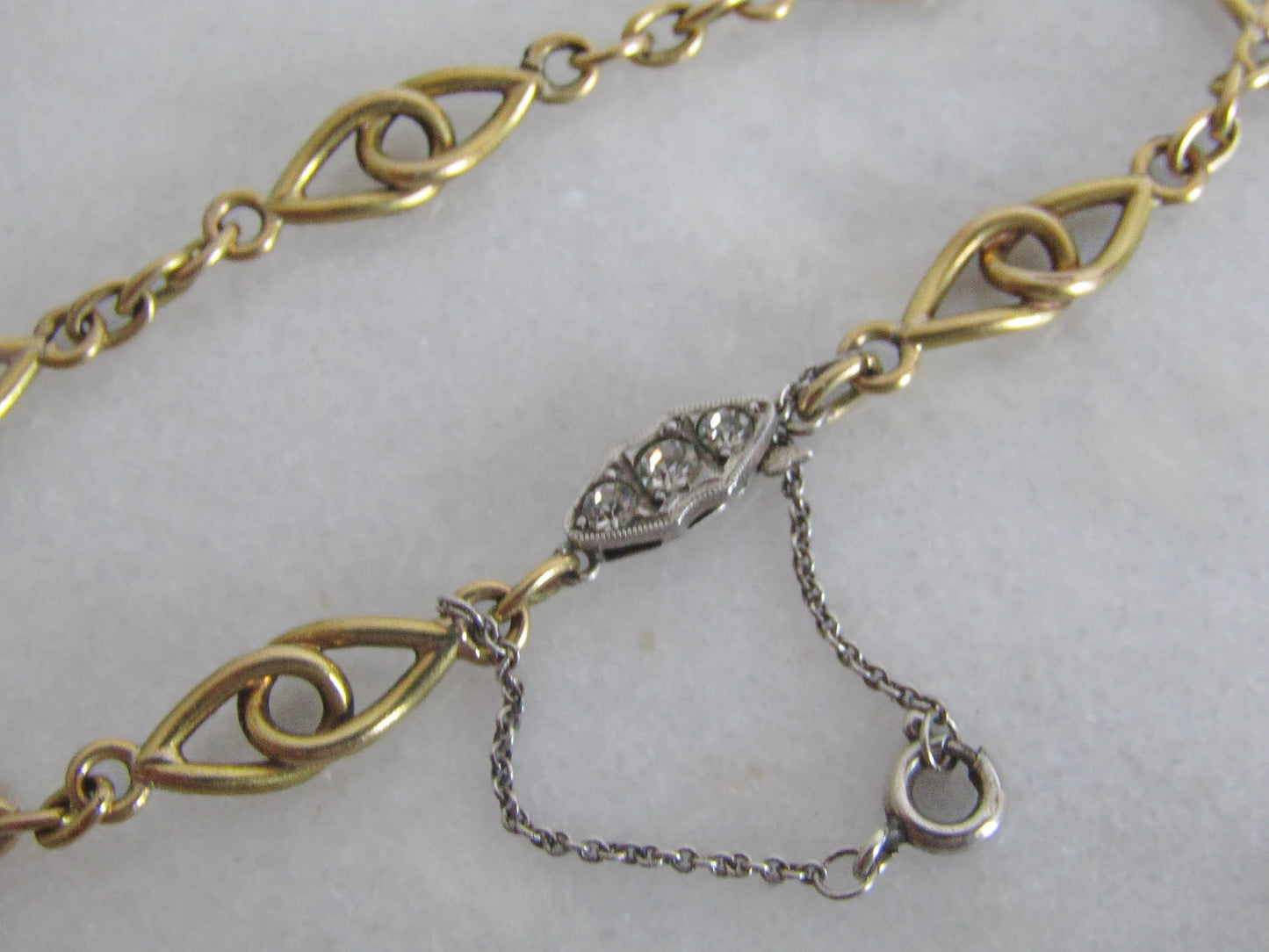 Antique Gold Filled Art Deco Bracelet with Security Chain and Paste Stones c. 1910