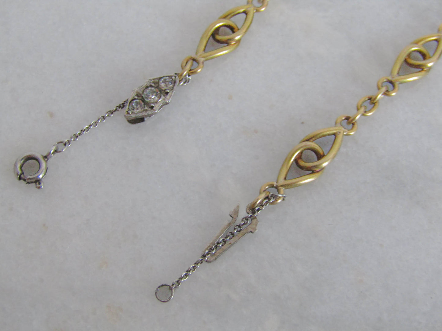 Antique Gold Filled Art Deco Bracelet with Security Chain and Paste Stones c. 1910