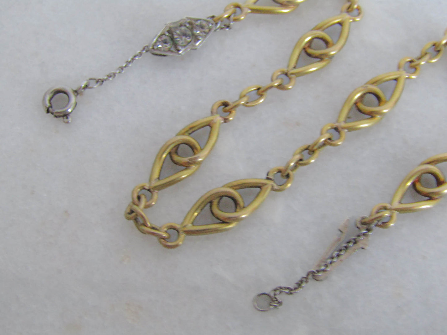 Antique Gold Filled Art Deco Bracelet with Security Chain and Paste Stones c. 1910