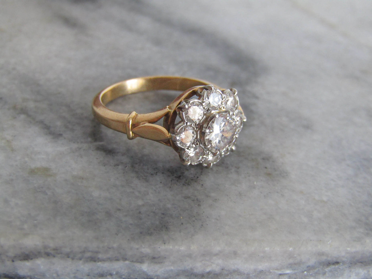 Antique 1.4 ct Diamond Daisy Ring with Platinum and 18k Gold, French Antique Daisy Cluster Engagement Ring c. 1900