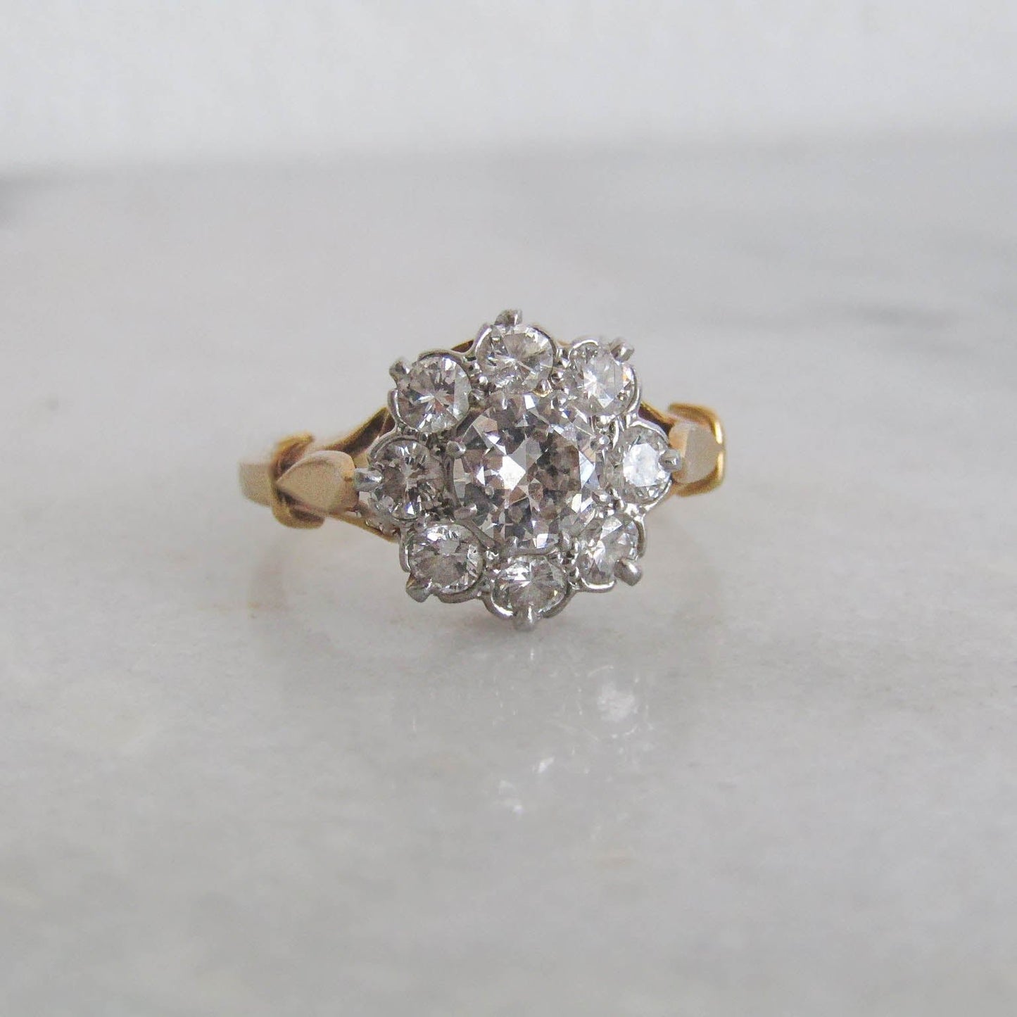 Antique 1.4 ct Diamond Daisy Ring with Platinum and 18k Gold, French Antique Daisy Cluster Engagement Ring c. 1900