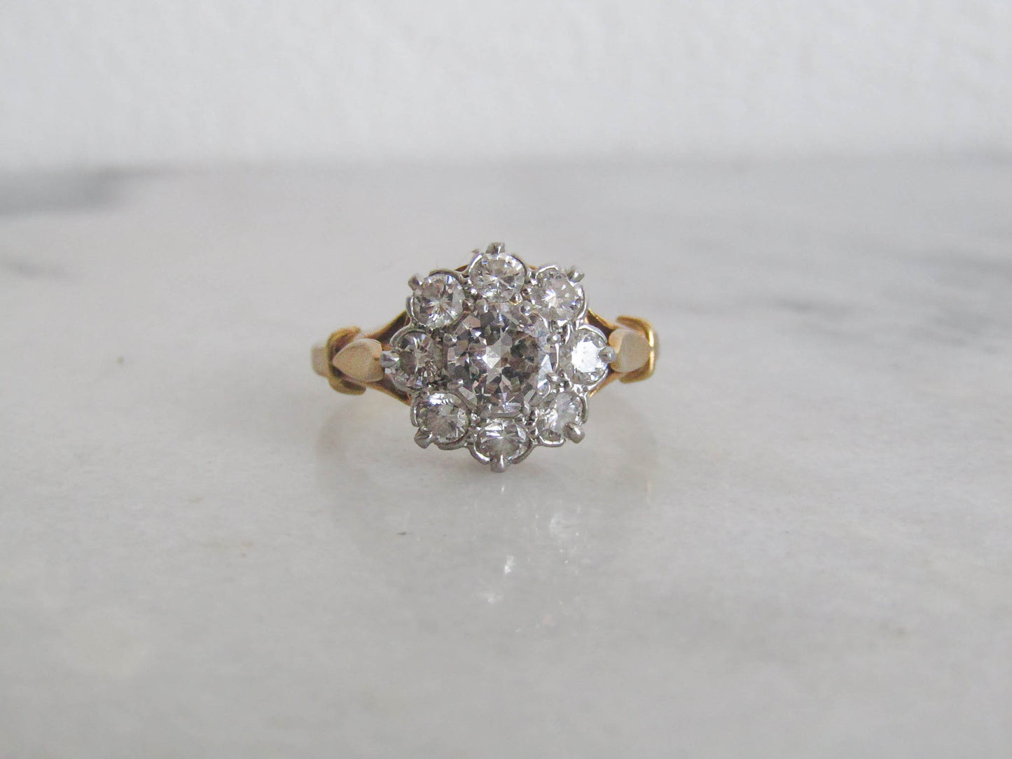 Antique 1.4 ct Diamond Daisy Ring with Platinum and 18k Gold, French Antique Daisy Cluster Engagement Ring c. 1900