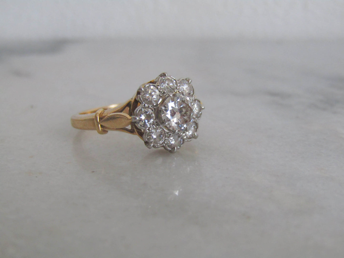 Antique 1.4 ct Diamond Daisy Ring with Platinum and 18k Gold, French Antique Daisy Cluster Engagement Ring c. 1900