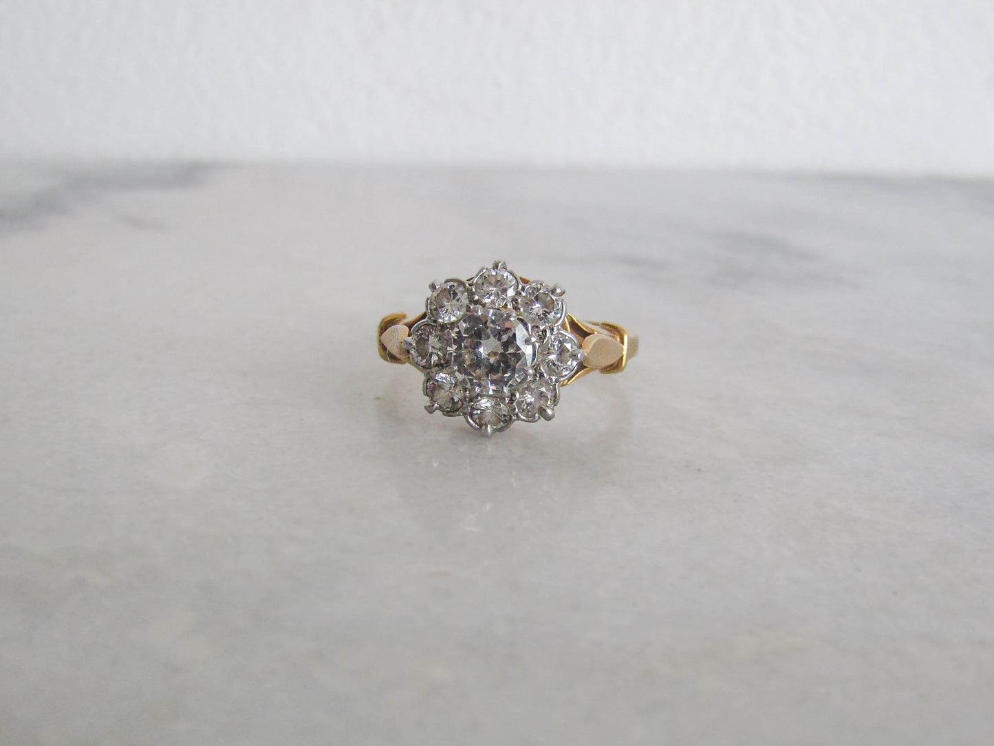 Antique 1.4 ct Diamond Daisy Ring with Platinum and 18k Gold, French Antique Daisy Cluster Engagement Ring c. 1900