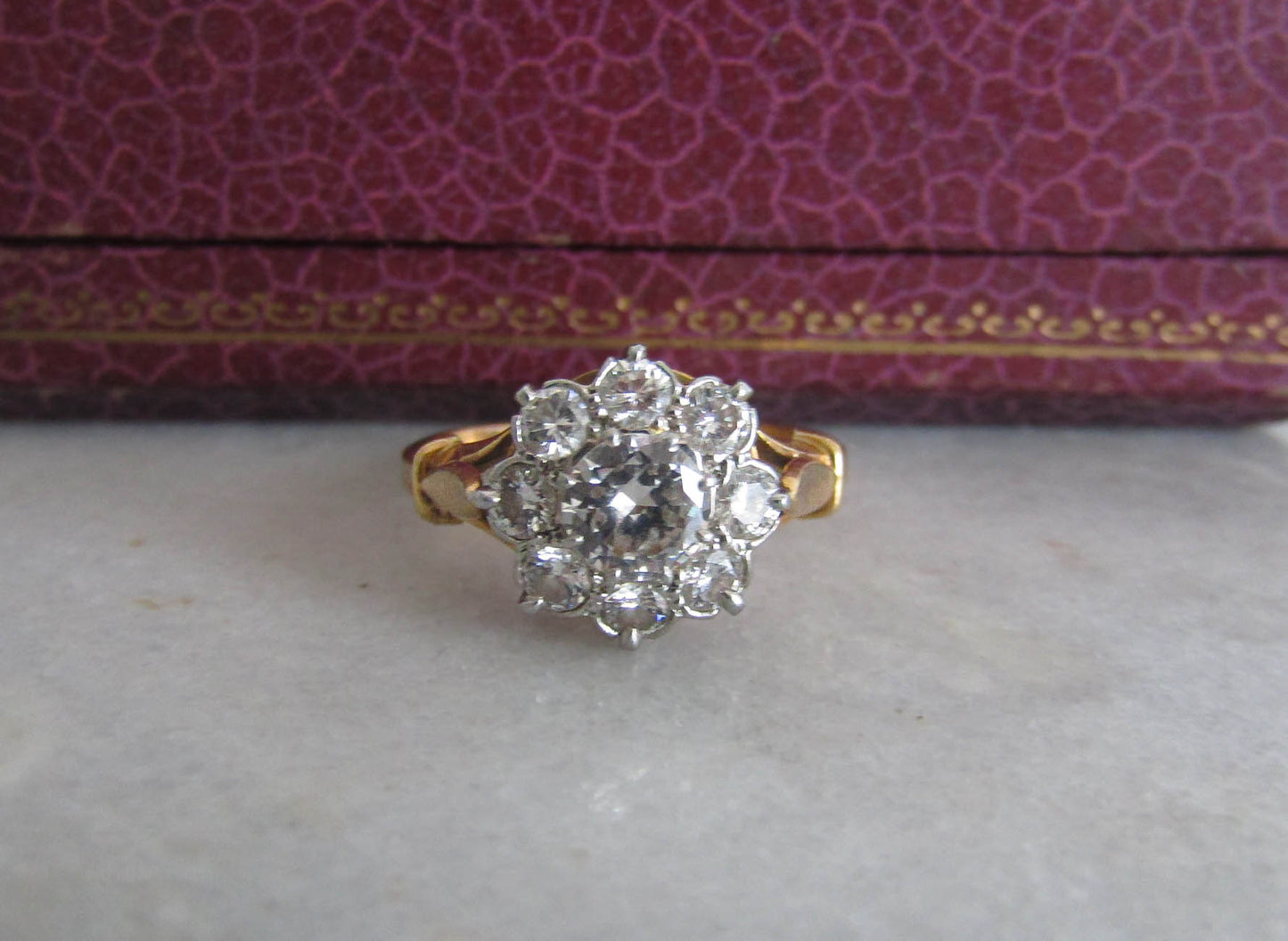 Antique 1.4 ct Diamond Daisy Ring with Platinum and 18k Gold, French Antique Daisy Cluster Engagement Ring c. 1900